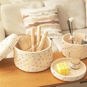Handwoven Cream Cotton Rope Storage Basket Set with Multicolor Dots